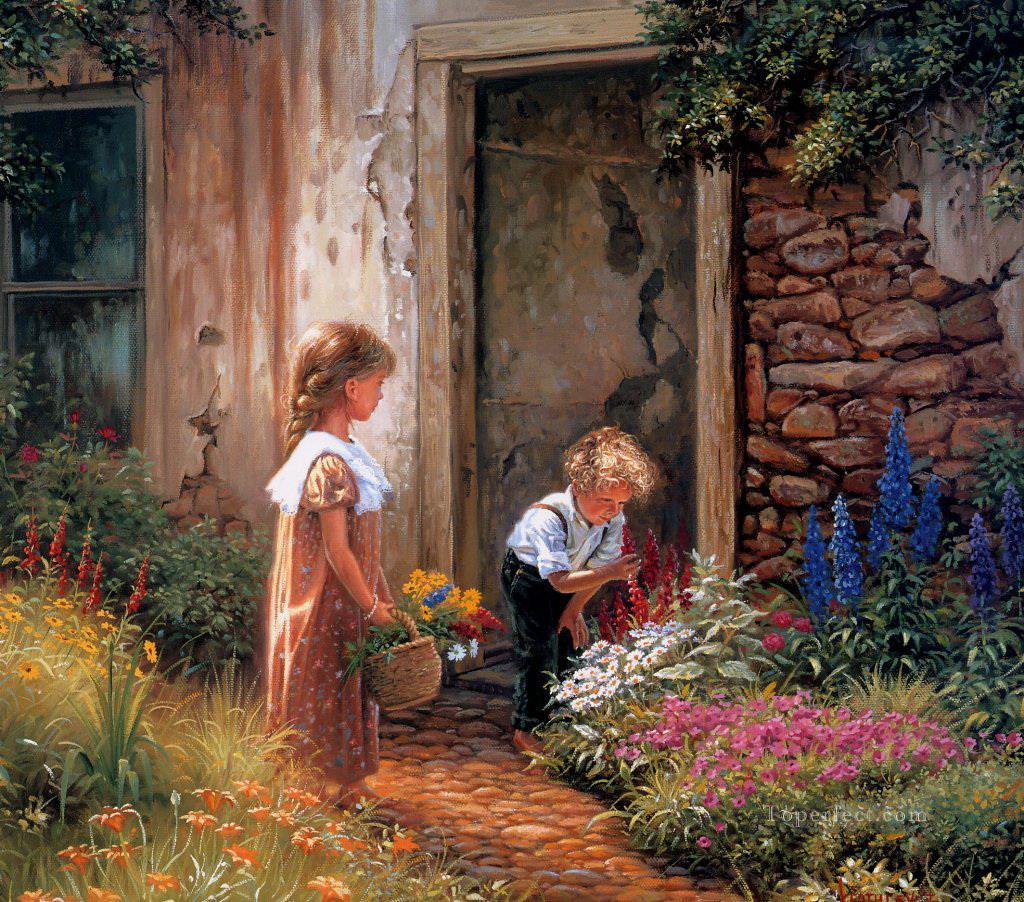 los niños recogen flores Pintura al óleo